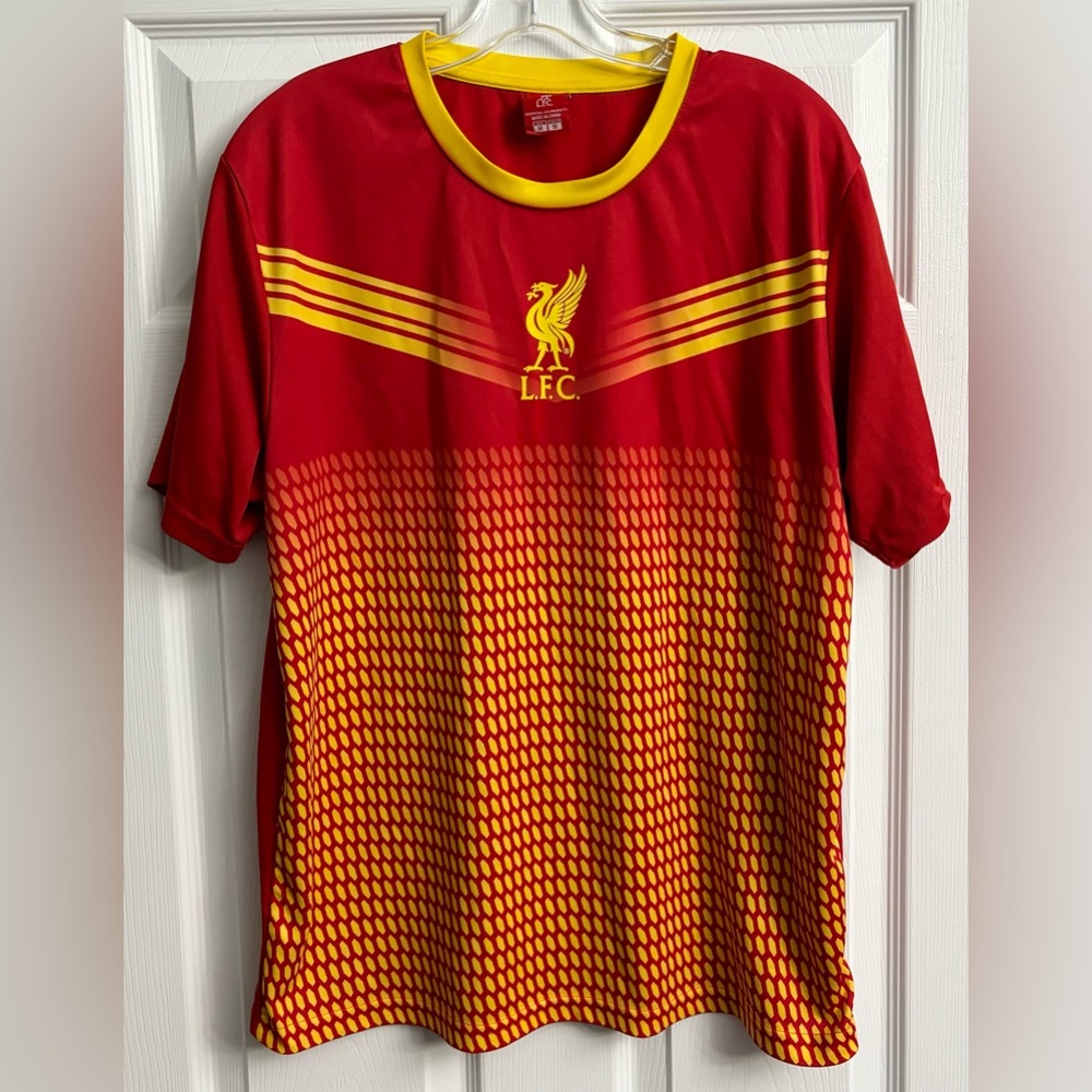 LFC Liverpool Mens Red Yellow Geometric Pattern Soccer Jersey Size Medium